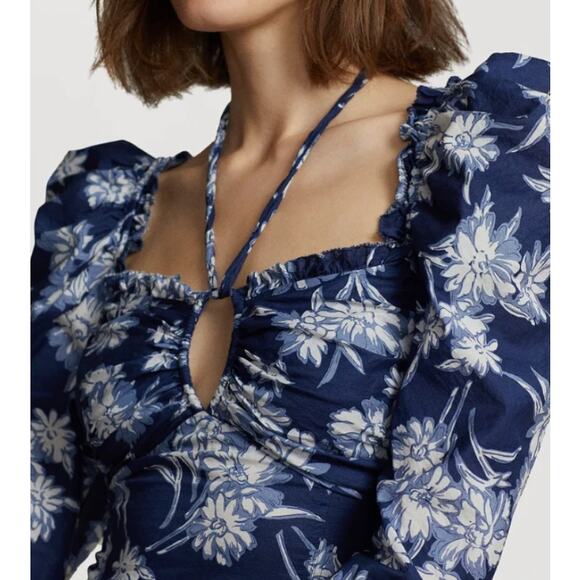 Polo Ralph Lauren Bloom Gathered Midi Dress Blue White Floral - NO TAGS ~ Large - Picture 2 of 12